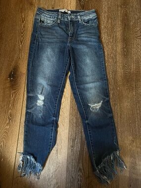 KanCan Dark Blue Distressed Cropped Jeans with Frayed Ankles